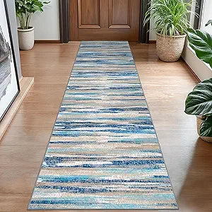 Lansny Modern Abstract Hallway Runner Rug, Blue Washable Kitchen Runner Non-Slip Soft 2x8 Runner Rug Thin Print Faux Wool Carpet for Entryway Bedroom Laundry Room Indoor