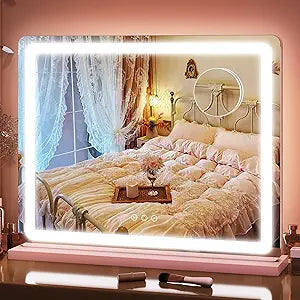 FENNIO 23" x 18" Vanity Mirror with LightsLED Makeup MirrorHollywood Mirror with 3 Color Modes & Adjustable BrightnessVanity Mirror Pink