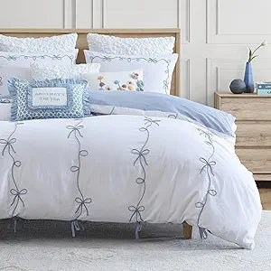 Peri Home Bows Bedding Cottage Core 100% Cotton 3-Piece Comforter and Sham Set, Full/Queen, Blue Sasha Bows