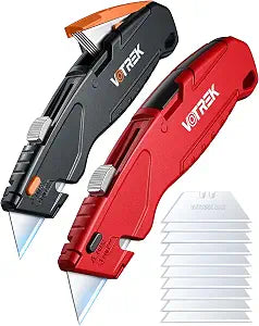 VOTREK Box Cutter Retractable| Metal Utility KnifeBuilt-in StorageTool-Free Quick Blade Change| Safety Lock| Extra SK5 Blades| Heavy Duty Razor Knife for Cardboard, Carton, 2 Pack-Black+Red