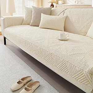 vctops Boho Cotton Quilted Sofa Couch Cover Washable Soft Non Slip Sectional Couch Covers Floral Embroidery Sofa Slipcover for Dogs, Children, Pets Furniture Protector (Cream,28"x94")