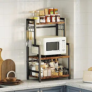 Kitchen Countertop Organizer,3 Tier Large Spice Rack Organizer with Adjustable Shelf and 5 Hooks,Wooden Counter Organizer,Space Saving Countertop Shelf Microwave Stand for Kitchen,Bathroom,Coffee Bar