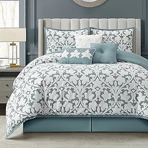 LANCO MODERN LIFESTYLE 7 Pieces Comforter Set, King, Blue, Jacquard Floral Pattern and Classy Damask Medallion Design, Ultra Soft, Includes Bed Skirt, Shams, and Decorative Pillows