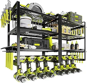 KAFAHOM Power Tool Organizer Wall Mount, 4-Tier Drill Holder for Cordless Tools, 2-Pack Set, Garage Storage Rack with Side Hooks for Hammers & Pliers, Tool Organizer for Workshop/Utility Room