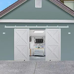Exterior Barn Door Hardware Kit, BARNSMITH 12FT Sliding Barn Door Hardware Heavy Duty Doors Track Kit for Double Doors Use, Wall Mount, Silver (Hardware Only)