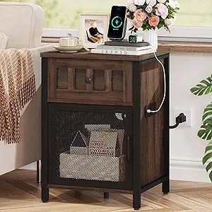 FATORRI End Table with Charging Station, Farmhouse Side Table with Drawer, Rustic Wood and Metal Nightstand and Bedside Tables for Living Room (Rustic Brown)