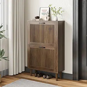 Kiasthome 2 Tier Entryway Shoe Storage Cabinet Closed Space Saving Hidden Shoe Organizer with Ribbed Doors Freestanding for Hallway Bedroom Walnut Finish (Walnut, 24.4")