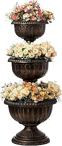 Gardenised Outdoor Garden Triple Stacked Flower Bowl Urn Tier Planter Decoration, Bronze