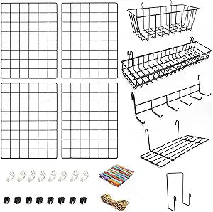 4 Pack Wire Wall Grid Panel With Accessories | Includes Hanging Baskets, Letter Sorter, Shelf & Hook Rack | Grid Wall Panels | Photo Grid | Hanging Home, Office & Kitchen Dcor