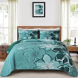 Luxudecor Floral Quilt Set Queen 3 Pieces Dark Green Flower Quilt Coverlet Set with 2 Pillow Cases, Lightweight Soft Microfiber Reversible Boho Bedspread for All Seasons 96"x90"