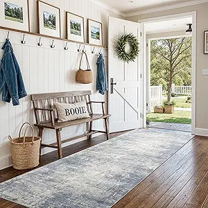 3x8 Hallway Washable Runner Rug - Non-Slip Kitchen Rugs with Rubber Backing Abstract Neutral Low-Pile Carpet Runners for Laundry Room Home Decor Bedroom Bathroom Entryway (Blue Gray,3x8)