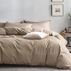 JELLYMONI 100% Cotton Duvet Cover Set, Queen Size, Tan and White Vertical Stripe Bedding with 8 Corner Ties & Double-Head Zipper, Includes 2 Pillowcases - for Master Bedroom & Guest Room