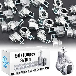 Tandefio 50 Pcs Flexible Conduit Cable Connectors 3/8 Inch Metal Conduit Saddle Connectors, Metal Screw Clamp Type Electrical Fittings for Electric Wires Metallic Protect