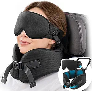YFONG Travel Pillow for Women Airplane, Patented 360 Ergonomic Sleeper Hold Head Support System with Memory Foam Neck Pillow & 3D Sleep Mask, Prevent Head Bobbing for Long Flights & Road Trip, Black