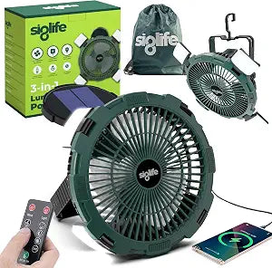 Solar Camping Fan  Camping Fan Solar Powered with Light, Remote & Power Bank  Portable Solar Fans for Tents, Hiking, Power Outage, and Emergency Use