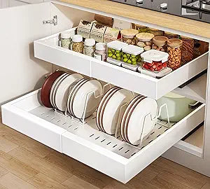 Seinloes 2Pack Pull out Cabinet Organizer 21"Deep with 4 Adjustable Dividers,Expandable12.1"-20.4"W Pots and Pans Organizer Under Cabinet with Raising Pad for Framed Cabinets,Slide out Drawers,White
