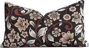 Crumbs Home Modern Farmhouse Fall Linen Indoor Outdoor Lumbar Pillow Cover Only, 12"x20" Water Repellent for Patio, Backyard, Couch, Black Ivory Cream Floral