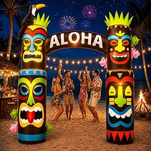 10FT Hawaiian Inflatable Archway Outdoor Holiday Yard Decorations, Tiki Inflatable with LED Lights, Funny Yard Outdoor Tropical Hawaiian Decorations for Party Garden Lawn Beach