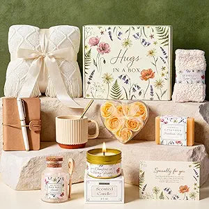 GIFTINBOX Gift Baskets for Women Spa, Self Care Package with Rose Flower, Soft Blanket & Socks, Birthday Gifts Mothers Day Gifts Get Well Sympathy Gift for Mom Wife Sister