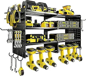 Power Tool Organizer Wall Mount, 4 Tier Heavy Duty Tool Storage Rack, 400 LBS Capacity with Drill Tools Holder & Hooks, Tool Organizers and Storage for Garage, Warehouse, Workshop, Gifts for Men