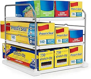 EVERIE Extendable 3-Tier Kitchen Cabinet & Pantry Organizer for Plastic Wrap, Foil & Storage Bags, Adjustable Heavy Duty Shelf Rack for Wrap Boxes, Jars & Snack Boxes (1116.7 in Wide), Pack of 2