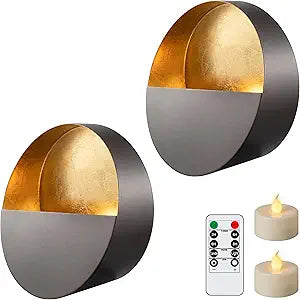 6.5-inch Eclipse Wall Sconces Wireless Battery Operated Candle Holders with LED Tea Lights, Set of 2, for Living Room, Bedroom, Bathroom, Dining Room & Hallway (Dark Bronze + Gold Leaf Interior)
