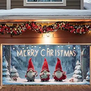 Christmas Garage Door Banner 7x16FT, Cute Christmas Gnomes Garage Door Cover, Large Outdoor Holiday Garage Decoration for Driveway, Porch and Winter Party Backdrop