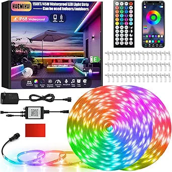 150Ft Outdoor LED Strip Lights,IP68 Waterproof Color Changing RGB LED Light Strips with IR Remote and APP,24V Music Sync Led Rope Lights,Flexible Outdoor DIY Tape Lights for Balcony Deck Garden-150ft