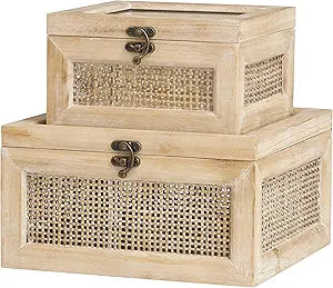 Deco 79 Wood Decorative Box Glass Top Decorative Keepsake Boxes with Rattan Side Panels and Bronze Hook Closures, Set of 2 Storage Boxes 9", 7"W, Light Brown