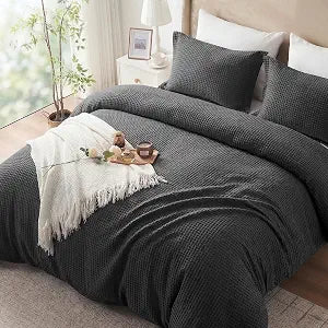 100% Cotton Duvet Cover Queen Size - Waffle Weave Duvet Cover Set for All Season, Linen Like Textured Bedding Sets 3 Pcs with 2 Pillow Shams/Gift Bag, Zipper, 4 Conner Ties,Dark Grey