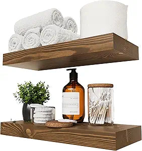 BAOBAB WORKSHOP Wood Floating Shelves for Wall Mounted, 16 inch Walnut Floating Shelf for Bathroom, Solid Wooden Wall Shelves for Kitchen Bedroom Farmhouse, Walnut Finish, 16 x 6.7, Set of 2