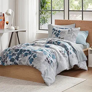Madison Park Essentials Twin XL Comforter Set with Sheets, Floral Bed in A Bag Soft Microfiber Comforter for Twin XL Size Bed, All Season Lightweight Comforters Twin XL Bed Set, Alexis, 6 Piece Blue