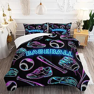 Baseball Sports Theme Comforter Set 3Pcs Full Sneaker Baseball Bat Gloves Bedding Set for Kid Teen Girl Boy Adult National Sports Games Shoes Quilt Bed Decor with 1 Comforter and 2 Pillowcases