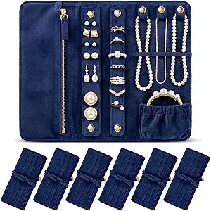 Tondiamo 6 Pcs Velvet Jewelry Roll Luxury Travel Jewelry Case for Ring Necklace Earring Bracelet Storage Bag Women Bridesmaid Gift (Navy Blue)