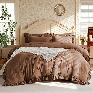 MR&HM Queen Comforter Set Brown 7 Pieces - Ruffle Bedding Sets for Girls Women, Vintage Farmhouse Shabby Chic Bed in a Bag, Ultra-Soft & Fluffy Comforter Sets for All Season
