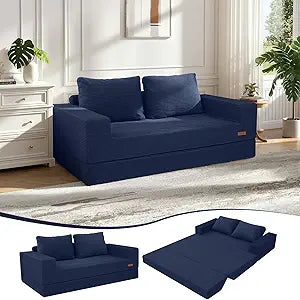 COMAX Convertible Sofa Bed Queen, Corduroy Folding Floor Couch Pull Out Couch Bed Futon Sleeper with Pillows, Fold Out Boneless Sofa Comfy Lounge Mattress Loveseat for Living Room Bedroom, Navy