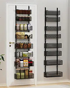 VyGrow Over the Door Organizer, 8-Tier Pantry Organizer with Fully Enclosed Mesh Baskets, Heavy-Duty Metal Hanging Spice Rack for Kitchen Bathroom Laundry Room, 2-in-1 Wall Mount or Door Mount, Black