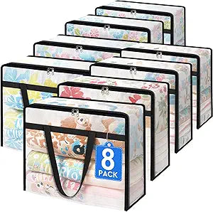 TasticTotes 8 Pack Clear Storage Bags for Comforter, Clothes & Bedding, Plastic Blanket Storage with Zipper and Handle, Moving Bags, Closet Organizer and Under-Bed Storage (40L)