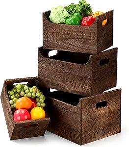 Novabright 4 Pack Wood Crates Nesting Storage Baskets Multiple Sizes Decorative Farmhouse Wooden Organizer Crates Boxes with Open Front and Handle Rustic for Bread Fruit Vegetable Kitchen Bathroom
