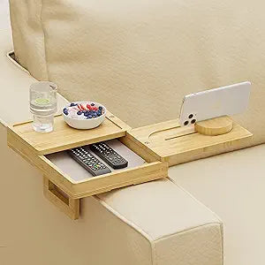 Wealone Bamboo Couch Arm Tray with 2 Rotatable Tray, Adjustable Sofa Arm Clip Table with Storage Box & 360 Phone Holder, Couch Armrest Table for Snacks, Drinks or Dining
