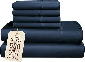 Casa Platino 100% Cotton Queen Bed Sheets, 6 Piece Set, 500 Thread Count Silky Smooth Sateen, 15 Inch Deep Pocket Fitted Sheet for Sheets Queen Size Bed Set, Ideal for Every Day Use  Navy Blue