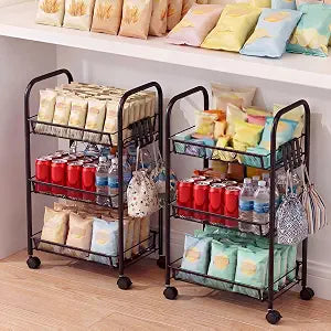 Maxdot 2 Pack 3-Tier Rolling Pantry Floor Organizer, 25.59" x 17.72" x 10.63", Stackable Wrought Iron Storage Cart with Wheels for Kitchen Basket Stand and Storage Rack for Fruit Onion Potato