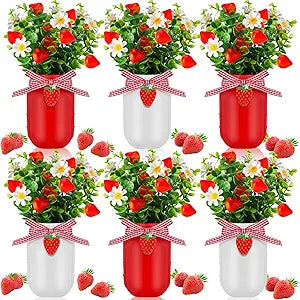 Lyrow 6 Pack Strawberry Mason Jar Table Centerpiece Faux Strawberry Christmas Mason Jar Winter Centerpiece for Table Farmhouse Decoration for Xmas Home Tiered Kitchen Tray Decoration