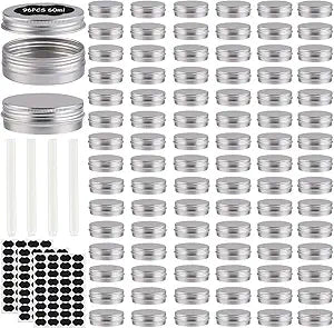 OBKJJ 96 Pack Round Cans with Screw Lid 2 Oz Aluminum Metal Tins DIY Food Candle Containers for Lotion Bars, Balms, Salve, Spices, Beard Balm, Crafts with 4 Markers 3 Sheets Label Stickers (Silver)