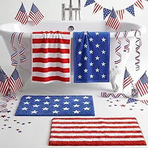 Breling 4 Pcs 4th of July Bathroom Rugs and Towels 250th Anniversary Red and White Striped Rugs and Towels Patriotic Non Slip Soft Absorbent Bath Mats for Independence Day Bathroom Home Decoration