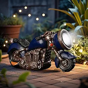 Etlemonde Solar Vintage Style Motorcycle Statue, Resin Rustic Retro Sculpture with LED Lights,Outdoor Art Decor for Garden Courtyard Lawn, Ideal HousewarmingBirthday Gift for Motorcycle Enthusiasts