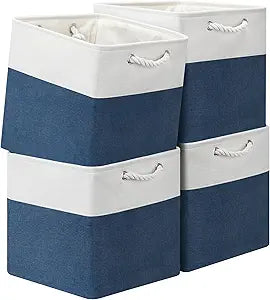 13x13 Storage Cube Bins 4Pack,Collapsible Cube Storage Organizer for Closet, Fabric Storage Box w/ Rope Handles, Foldable Storage Baskets for Shelves, Clothes,Closet Organization - White/Blue