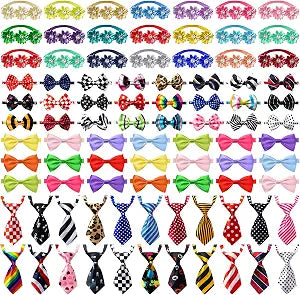 Chumia 100 Pcs Adjustable Dog Ties Set Includes 50 Bow Ties 25 Neckties 25 Flower Neck Tie Assorted Bowtie Collar Grooming Accessories for Medium Large Dog Cat Birthday Festival Holiday Party