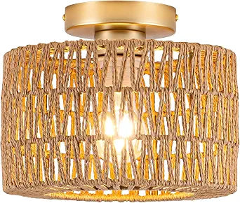 Rpzloila Rattan Ceiling Light, 1 Light Bohemian Modern Woven Flush Mount Ceiling Light, Boho Light Fixture for Bedroom Living Room Dining Room, Gold Finish