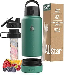 AUStar 26oz Sports Insulated Water Bottle with Hidden Storage, Hot and Cold Water Bottle, BPA-free and Lead-Free, with 3 Lid Option and a Silicone Boot (Matcha), AUBC005
